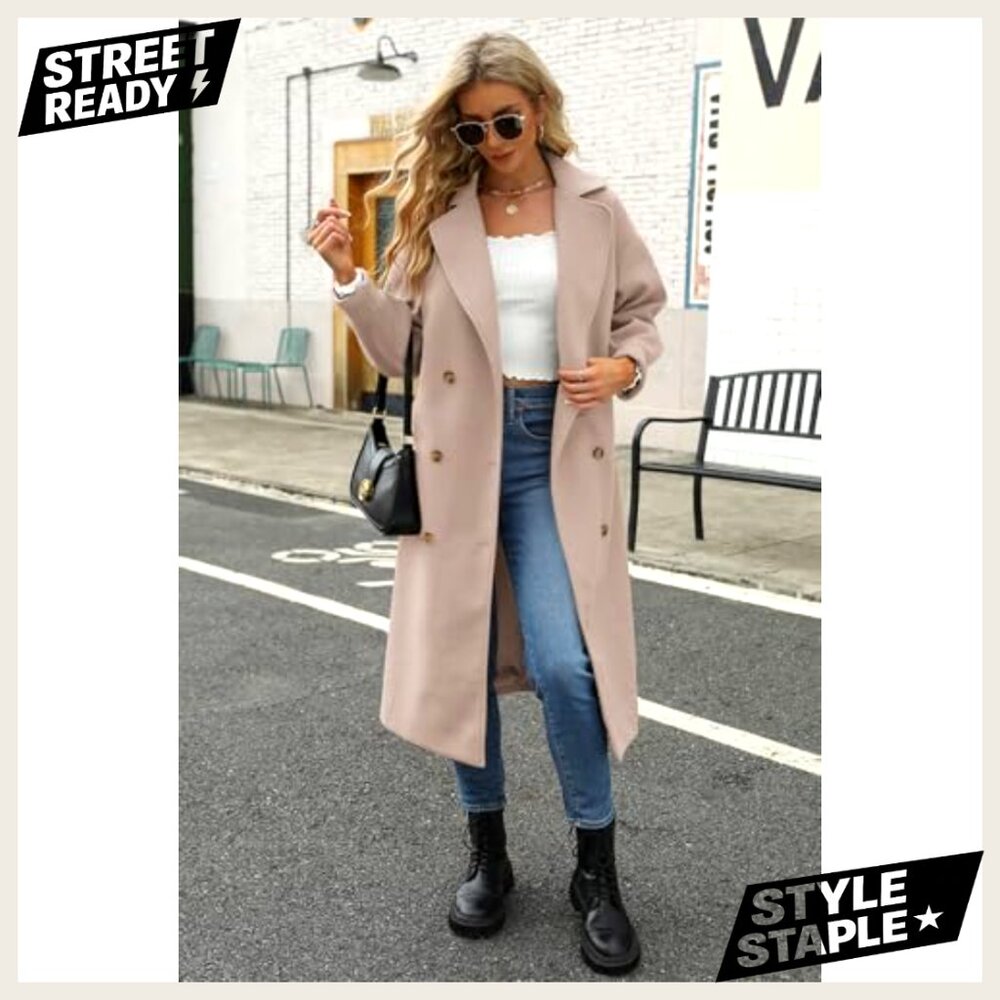 Long Wool Blend Pea Coat Double Breasted Notched Lapel Winter Overcoat - Picture 4 of 7